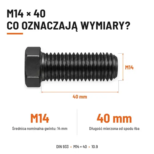 ŚRUBA SZEŚCIOKĄTNA DIN 933 M14X40 KLASA 10.9 BEZ POKRYCIA