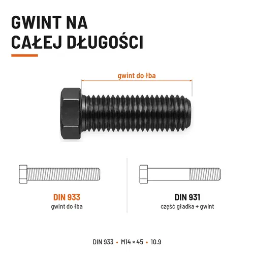 ŚRUBA SZEŚCIOKĄTNA DIN 933 M14X45 KLASA 10.9 BEZ POKRYCIA