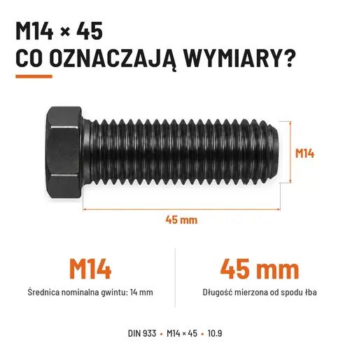 ŚRUBA SZEŚCIOKĄTNA DIN 933 M14X45 KLASA 10.9 BEZ POKRYCIA
