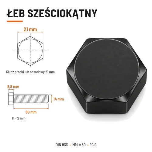 ŚRUBA SZEŚCIOKĄTNA DIN 933 M14X60 KLASA 10.9 BEZ POKRYCIA