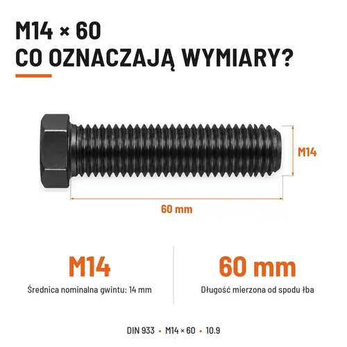 ŚRUBA SZEŚCIOKĄTNA DIN 933 M14X60 KLASA 10.9 BEZ POKRYCIA