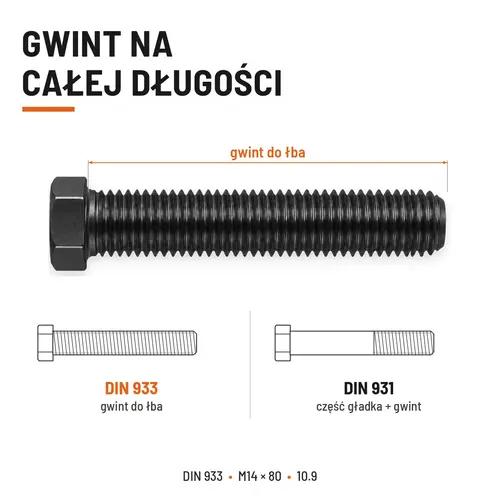 ŚRUBA SZEŚCIOKĄTNA DIN 933 M14X80 KLASA 10.9 BEZ POKRYCIA