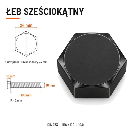 ŚRUBA SZEŚCIOKĄTNA DIN 933 M16X100 KLASA 10.9 BEZ POKRYCIA