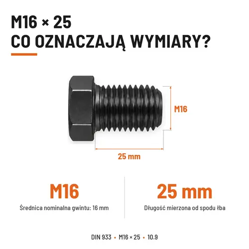 ŚRUBA SZEŚCIOKĄTNA DIN 933 M16X25 KLASA 10.9 BEZ POKRYCIA