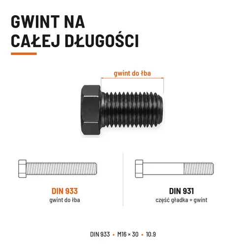 ŚRUBA SZEŚCIOKĄTNA DIN 933 M16X30 KLASA 10.9 BEZ POKRYCIA