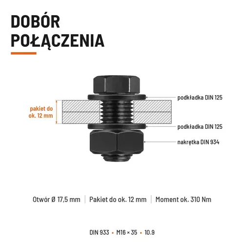 ŚRUBA SZEŚCIOKĄTNA DIN 933 M16X35 KLASA 10.9 BEZ POKRYCIA