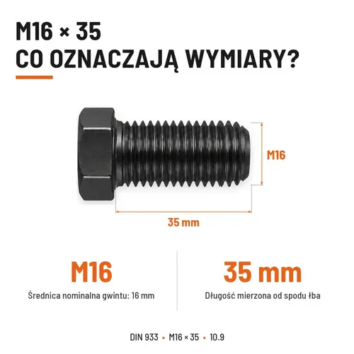 ŚRUBA SZEŚCIOKĄTNA DIN 933 M16X35 KLASA 10.9 BEZ POKRYCIA