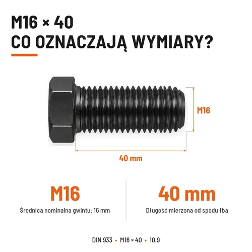 ŚRUBA SZEŚCIOKĄTNA DIN 933 M16X40 KLASA 10.9 BEZ POKRYCIA