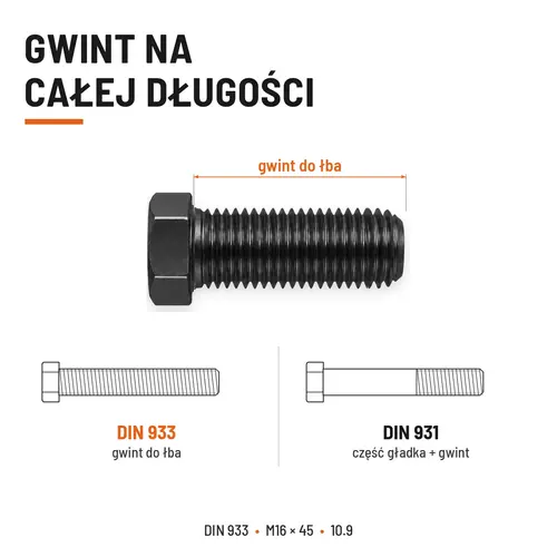 ŚRUBA SZEŚCIOKĄTNA DIN 933 M16X45 KLASA 10.9 BEZ POKRYCIA