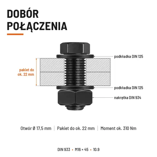 ŚRUBA SZEŚCIOKĄTNA DIN 933 M16X45 KLASA 10.9 BEZ POKRYCIA