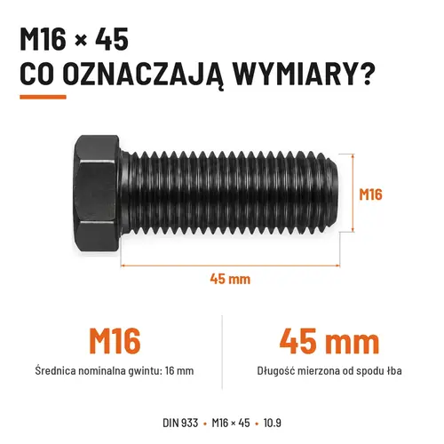 ŚRUBA SZEŚCIOKĄTNA DIN 933 M16X45 KLASA 10.9 BEZ POKRYCIA