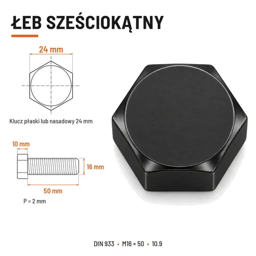 ŚRUBA SZEŚCIOKĄTNA DIN 933 M16X50 KLASA 10.9 BEZ POKRYCIA