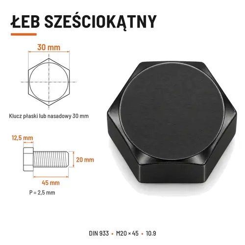 ŚRUBA SZEŚCIOKĄTNA DIN 933 M20X45 KLASA 10.9 BEZ POKRYCIA
