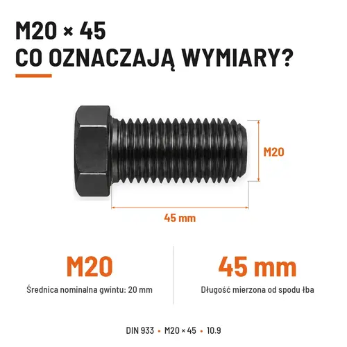 ŚRUBA SZEŚCIOKĄTNA DIN 933 M20X45 KLASA 10.9 BEZ POKRYCIA