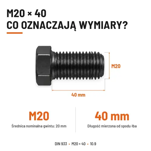 ŚRUBA SZEŚCIOKĄTNA DIN 933 M20X40 KLASA 10.9 BEZ POKRYCIA