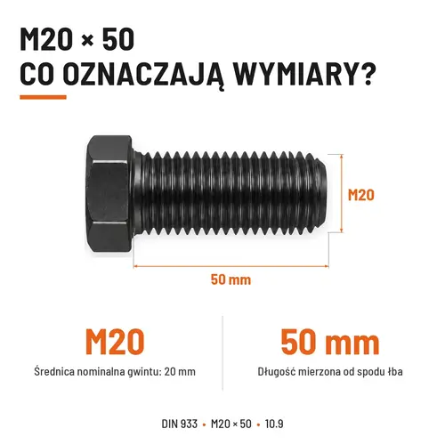 ŚRUBA SZEŚCIOKĄTNA DIN 933 M20X50 KLASA 10.9 BEZ POKRYCIA