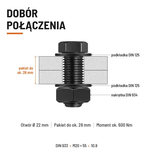 ŚRUBA SZEŚCIOKĄTNA DIN 933 M20X55 KLASA 10.9 BEZ POKRYCIA