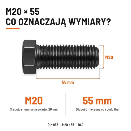 ŚRUBA SZEŚCIOKĄTNA DIN 933 M20X55 KLASA 10.9 BEZ POKRYCIA