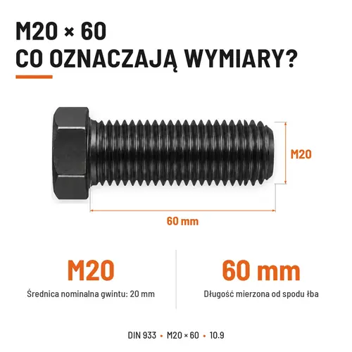 ŚRUBA SZEŚCIOKĄTNA DIN 933 M20X60 KLASA 10.9 BEZ POKRYCIA