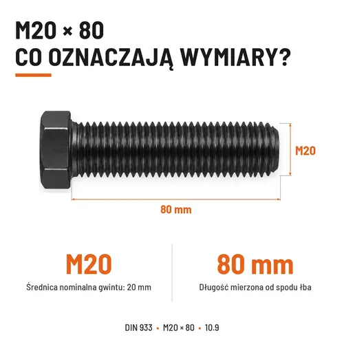 ŚRUBA SZEŚCIOKĄTNA DIN 933 M20X80 KLASA 10.9 BEZ POKRYCIA