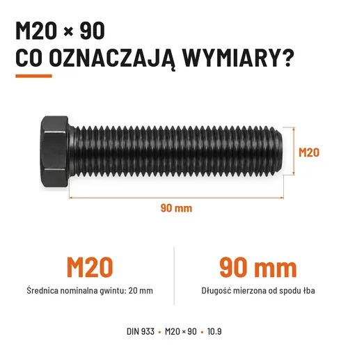 ŚRUBA SZEŚCIOKĄTNA DIN 933 M20X90 KLASA 10.9 BEZ POKRYCIA