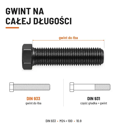 ŚRUBA SZEŚCIOKĄTNA DIN 933 M24X100 KLASA 10.9 BEZ POKRYCIA
