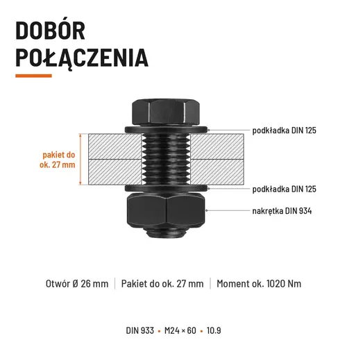 ŚRUBA SZEŚCIOKĄTNA DIN 933 M24X60 KLASA 10.9 BEZ POKRYCIA