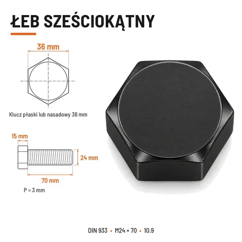 Śruba sześciokątna DIN 933 M24x70 pełny gwint 10.9 czarna