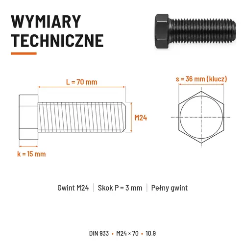 Śruba sześciokątna DIN 933 M24x70 pełny gwint 10.9 czarna