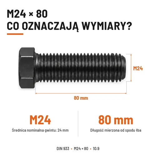 ŚRUBA SZEŚCIOKĄTNA DIN 933 M24X80 KLASA 10.9 BEZ POKRYCIA