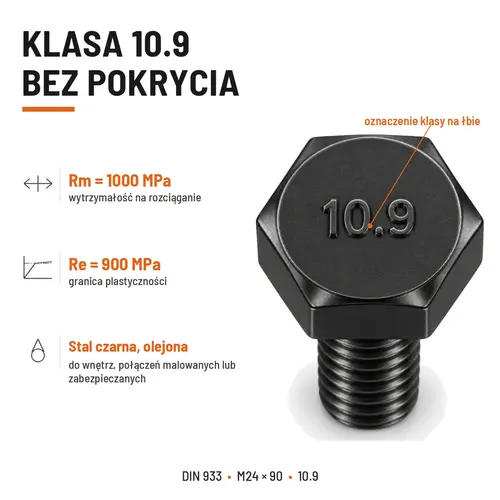 ŚRUBA SZEŚCIOKĄTNA DIN 933 M24X90 KLASA 10.9 BEZ POKRYCIA