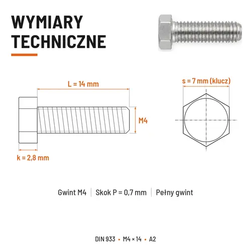 ŚRUBA SZEŚCIOKĄTNA DIN 933 M4X14 STAL NIERDZEWNA A2