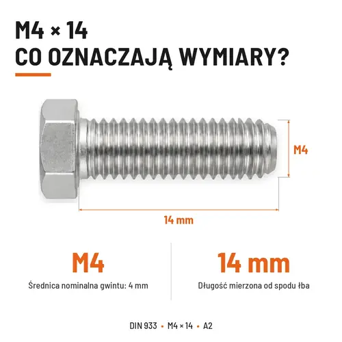 ŚRUBA SZEŚCIOKĄTNA DIN 933 M4X14 STAL NIERDZEWNA A2