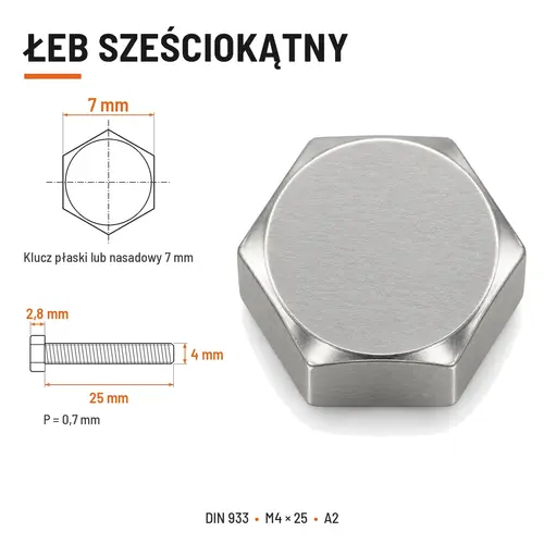 ŚRUBA SZEŚCIOKĄTNA DIN 933 M4X25 STAL NIERDZEWNA A2