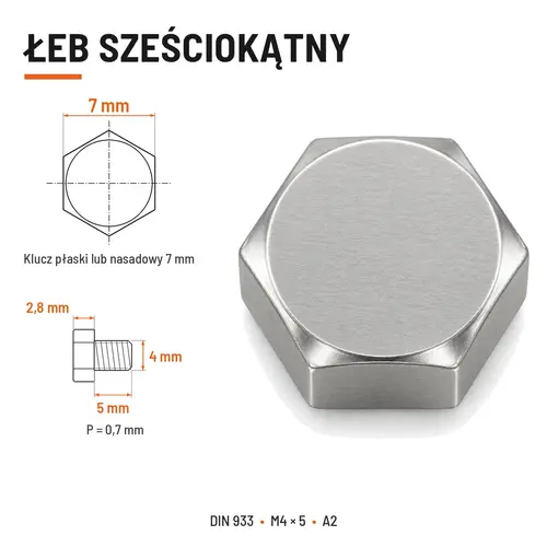 ŚRUBA SZEŚCIOKĄTNA DIN 933 M4X5 STAL NIERDZEWNA A2