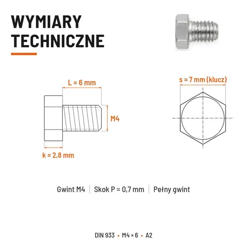 Śruba sześciokątna DIN 933 M4x6 pełny gwint A2 nierdzewna