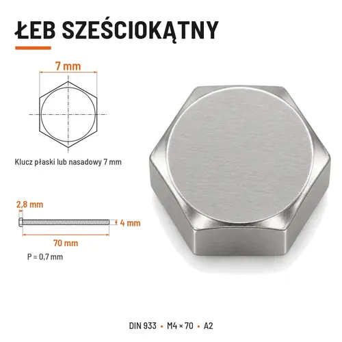 Śruba sześciokątna DIN 933 M4x70 pełny gwint A2 nierdzewna