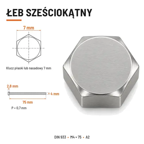 Śruba sześciokątna DIN 933 M4x75 pełny gwint A2 nierdzewna