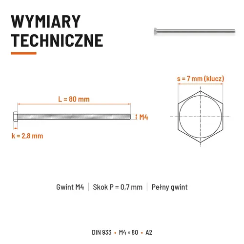 Śruba sześciokątna DIN 933 M4x80 pełny gwint A2 nierdzewna