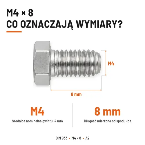 Śruba sześciokątna DIN 933 M4x8 pełny gwint A2 nierdzewna