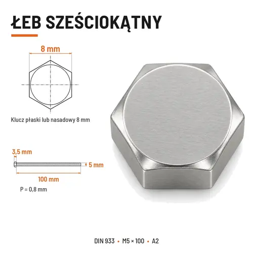 Śruba sześciokątna DIN 933 M5x100 pełny gwint A2 nierdzewna