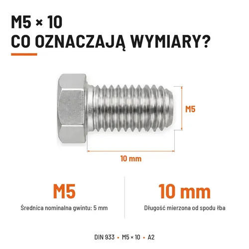 Śruba sześciokątna DIN 933 M5x10 pełny gwint A2 nierdzewna