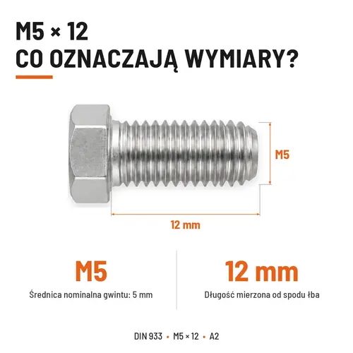 Śruba sześciokątna DIN 933 M5x12 pełny gwint A2 nierdzewna