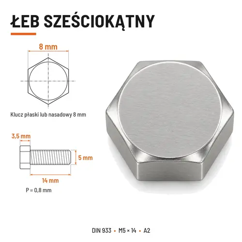 ŚRUBA SZEŚCIOKĄTNA DIN 933 M5X14 STAL NIERDZEWNA A2