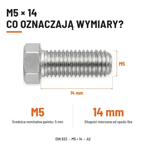 ŚRUBA SZEŚCIOKĄTNA DIN 933 M5X14 STAL NIERDZEWNA A2