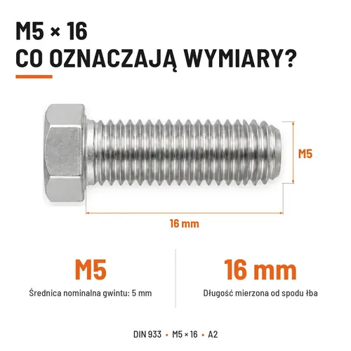 ŚRUBA SZEŚCIOKĄTNA DIN 933 M5X16 STAL NIERDZEWNA A2