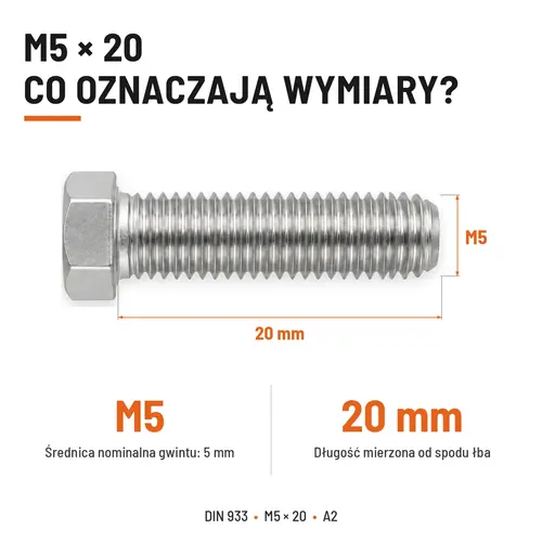 Śruba sześciokątna DIN 933 M5x20 pełny gwint A2 nierdzewna