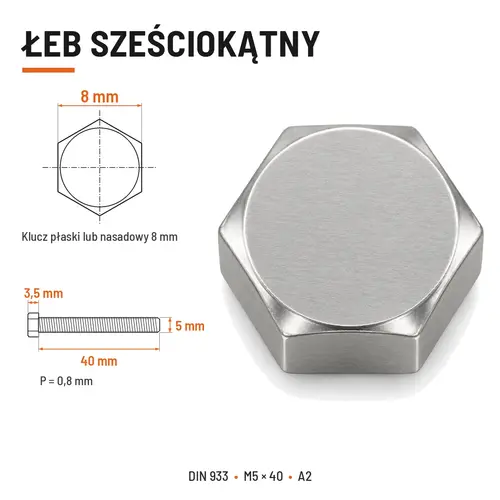 Śruba sześciokątna DIN 933 M5x40 pełny gwint A2 nierdzewna