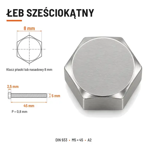 Śruba sześciokątna DIN 933 M5x45 pełny gwint A2 nierdzewna