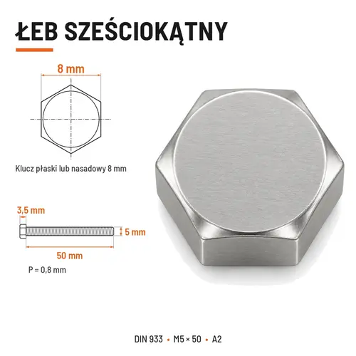Śruba sześciokątna DIN 933 M5x50 pełny gwint A2 nierdzewna